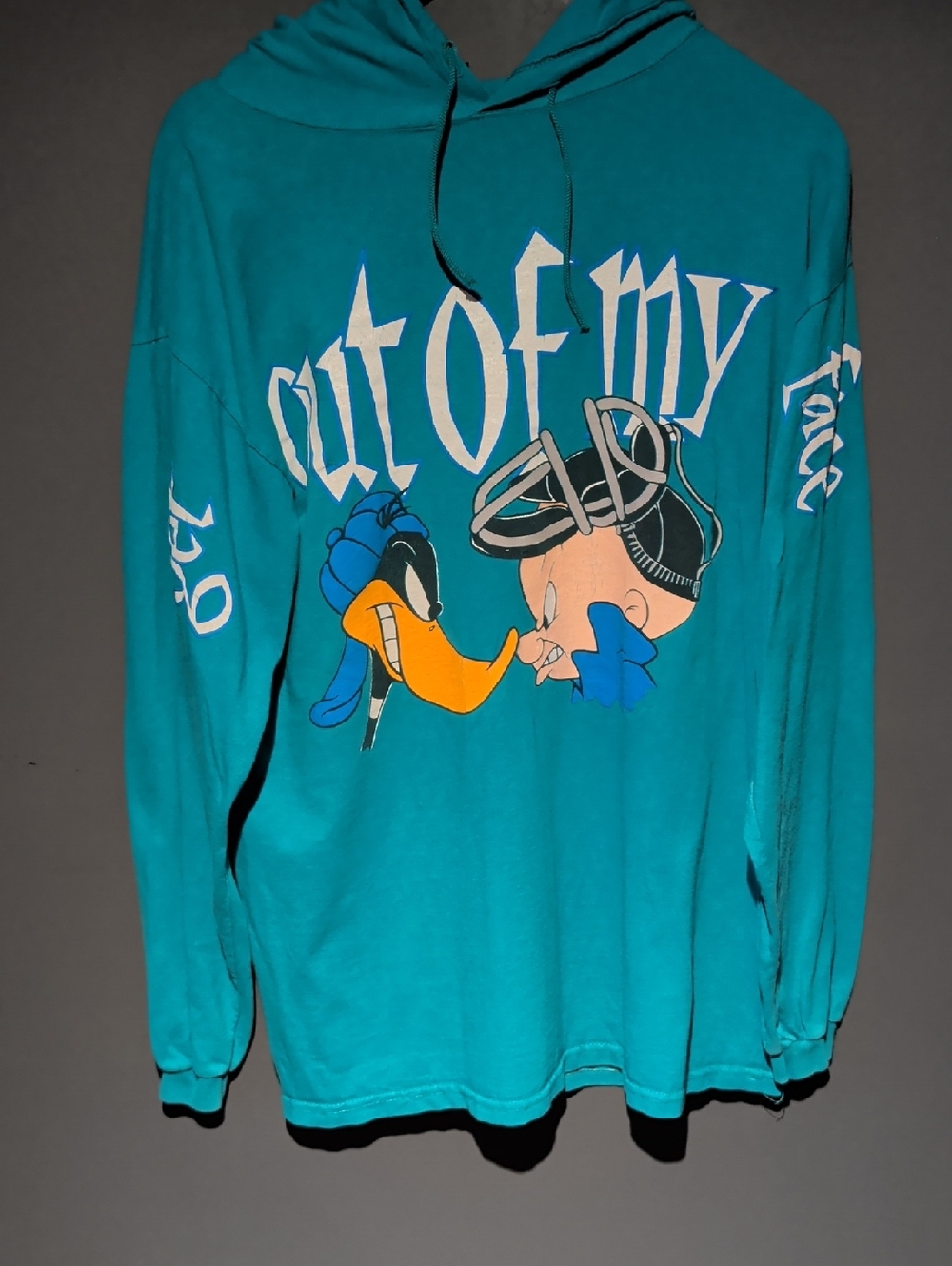 Vintage 90s Looney Tunes Hoodie T-Shirt Get Out Of My Face Daffy Elmer USA Large